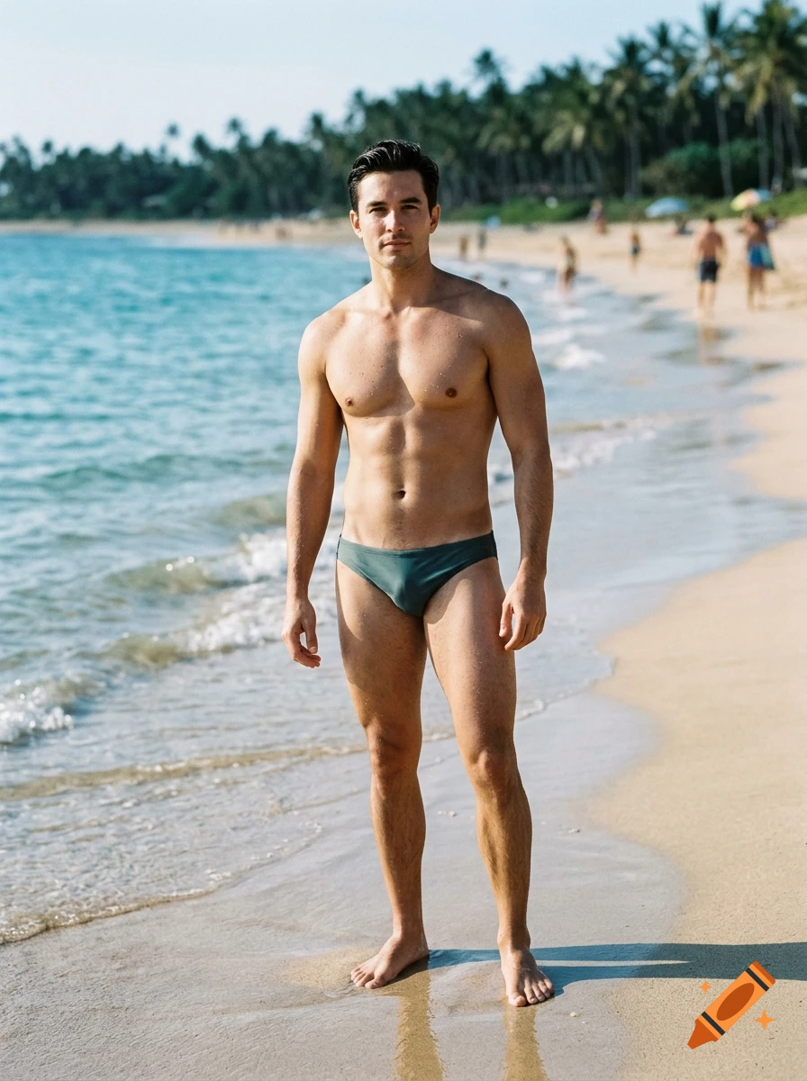 Photorealistic full-body portrait of a handsome man in a dark green swimsuit standing on a sandy beach.
