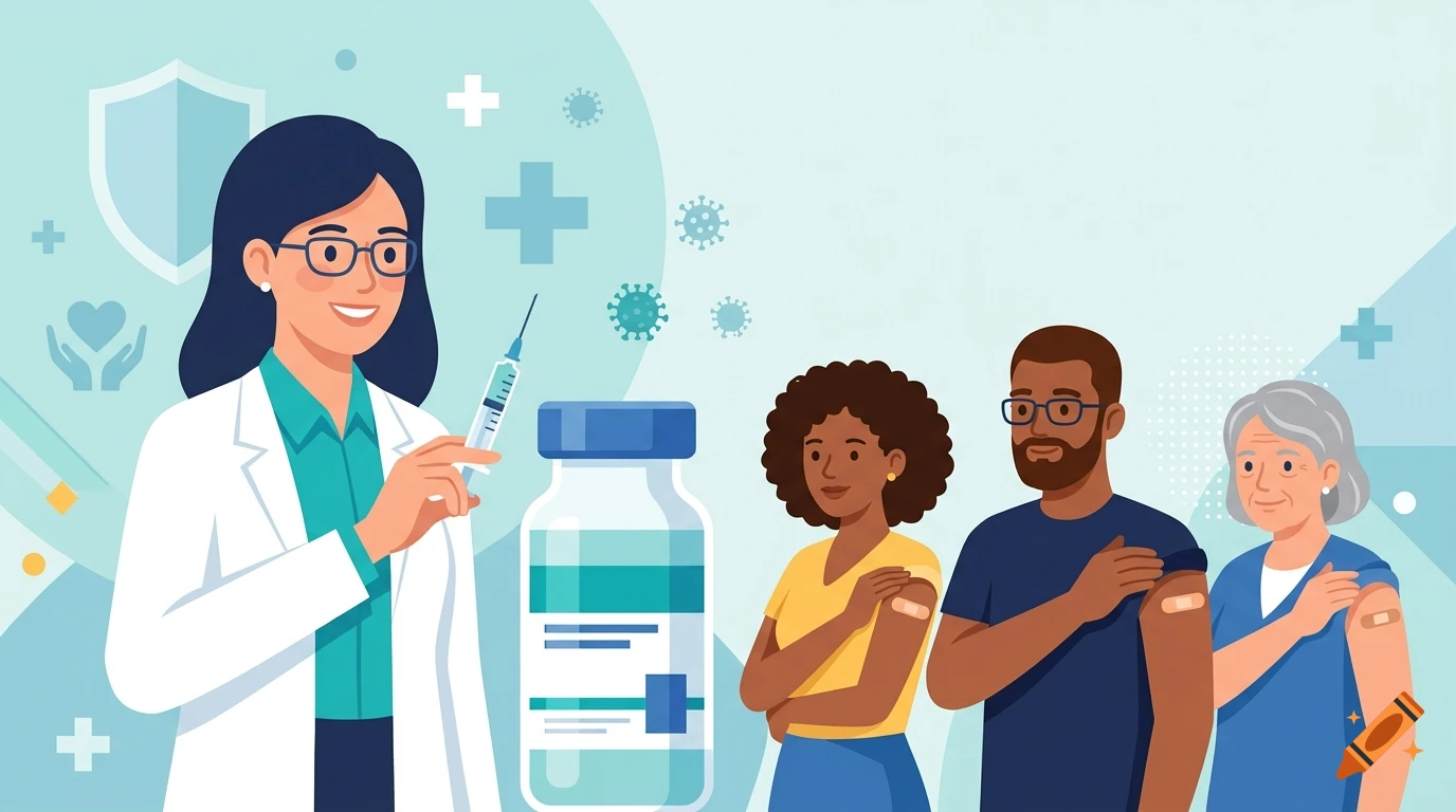 Flat design illustration of a doctor vaccinating diverse patients in a clinic, with medical icons in the background.