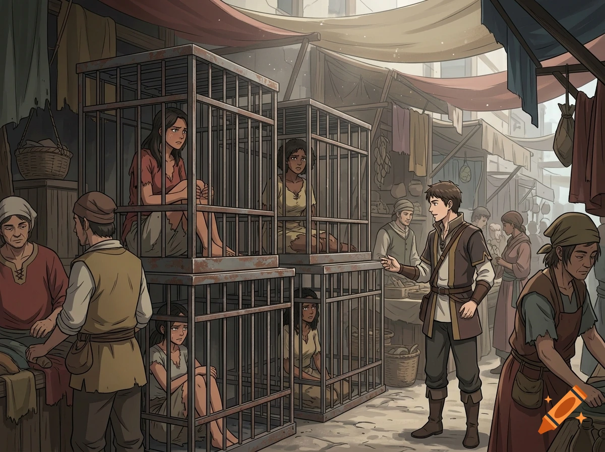 Anime style illustration of a marketplace with women in stacked cages and a customer talking to a vendor.