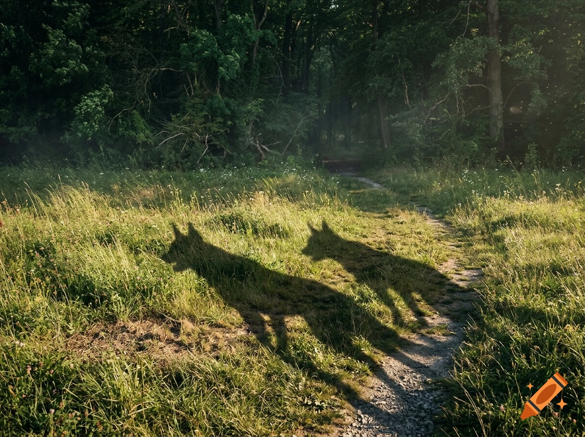 Photorealistic image of a grassy meadow with a path leading into a dark forest, featuring shadows of two large dogs.