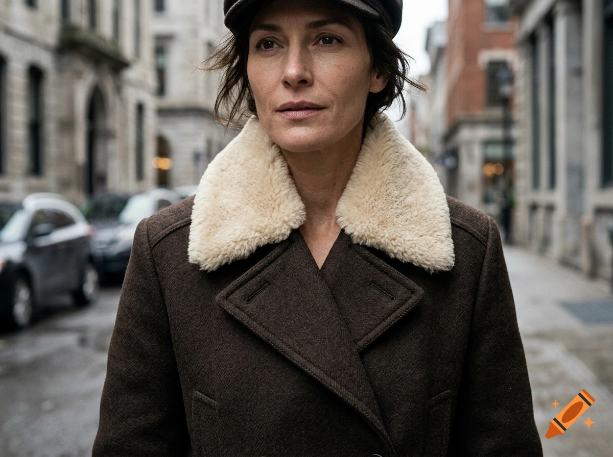 Close-up photorealistic portrait of a woman wearing a brown coat with a fluffy shearling collar and a cap, on a city street.