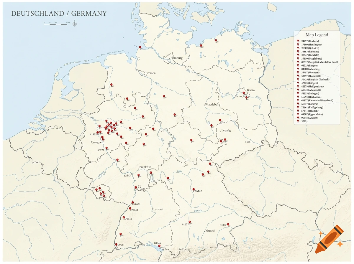 Detailed map of Germany with city names, rivers, and red pin markers indicating specific postal codes.