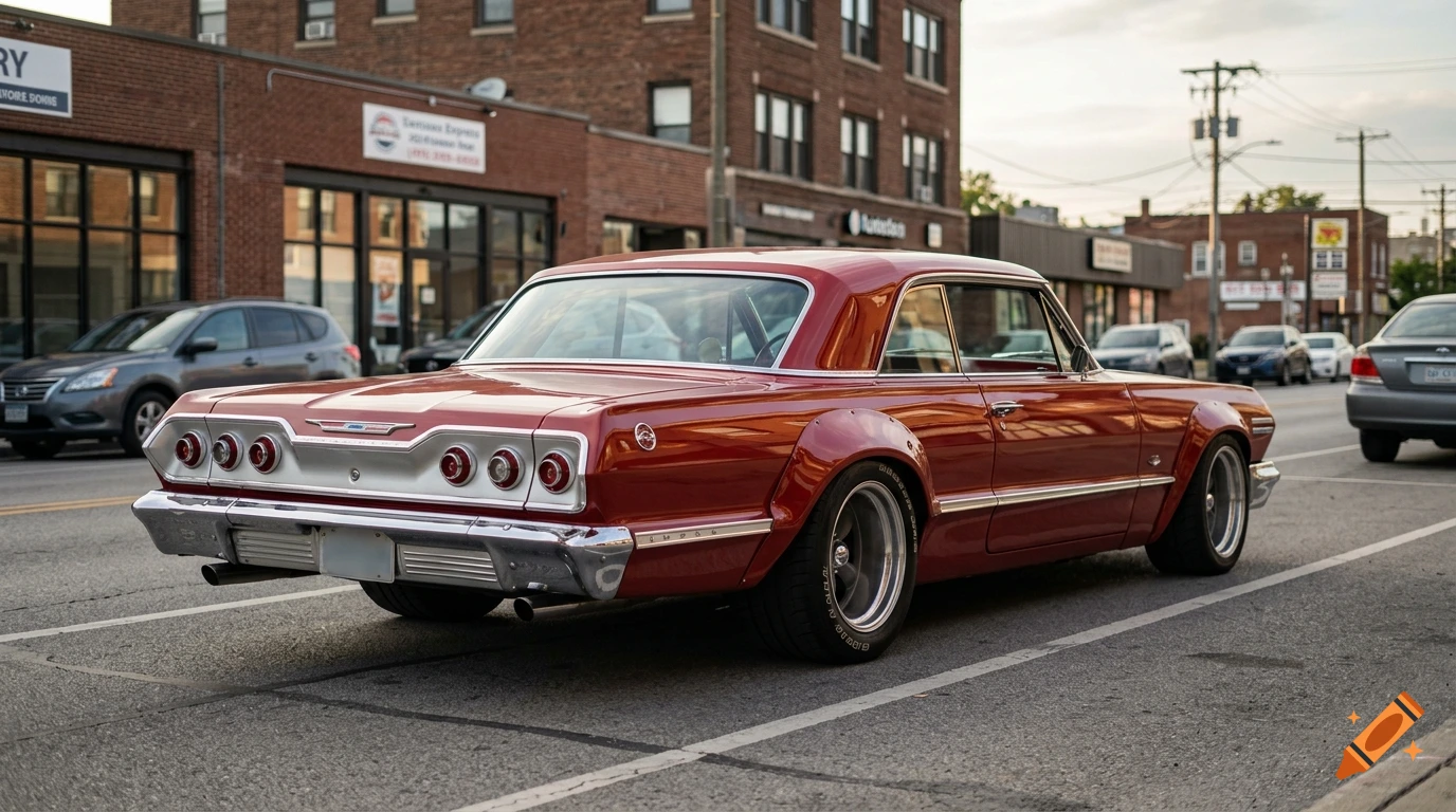 Photorealistic rear three-quarter view of a widened red classic 1963 Chevy Impala parked on a city street.