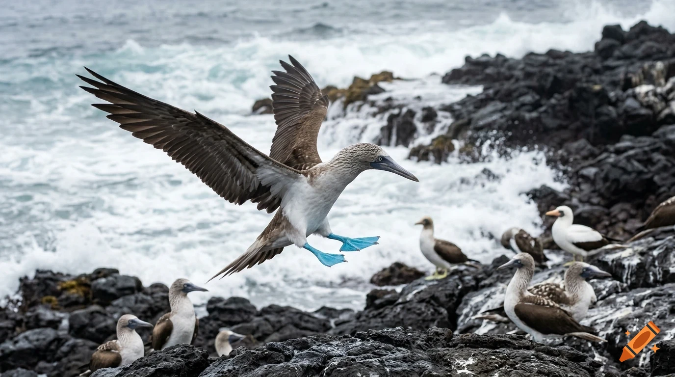 A blue-footed booby lands on a rocky shore near crashing ocean waves, with other boobies gathered around.