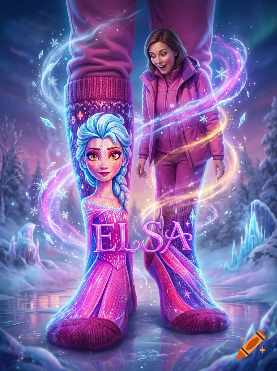 A woman looks amazed at gigantic pink and violet socks featuring an Elsa illustration and the word ELSA, set in a snowy landscape.