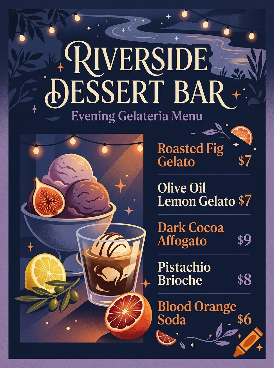 An evening gelateria menu for Riverside Dessert Bar with illustrations of desserts and drinks.