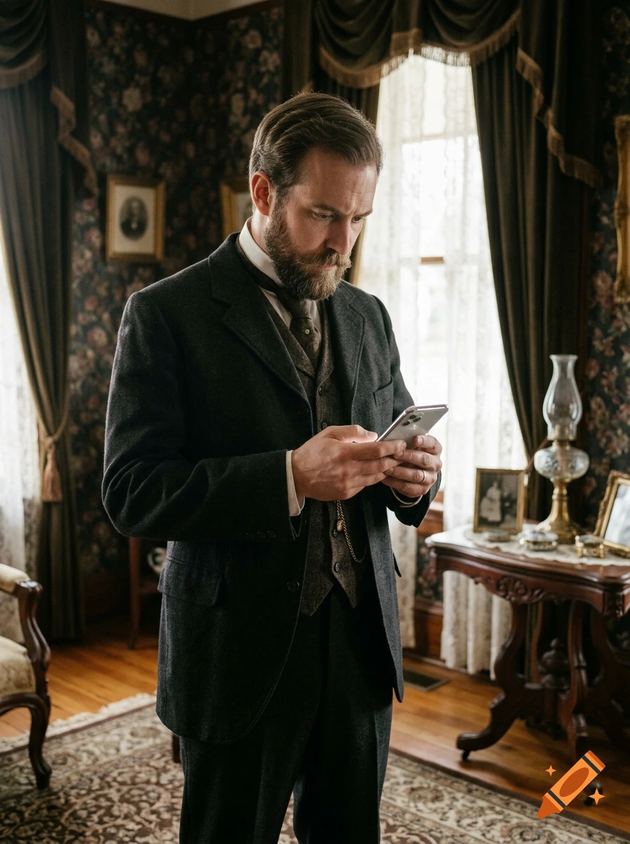 A Victorian-era man with a beard, wearing a dark suit, looking down at a modern smartphone in a room with vintage wallpaper and curtains.
