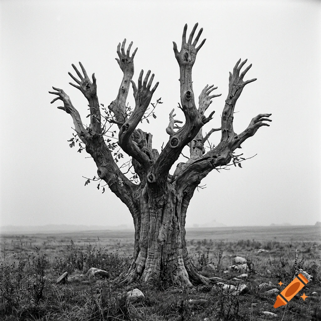 Black and white photograph of an old tree with branches that end in gnarly hands reaching upwards in a barren landscape.