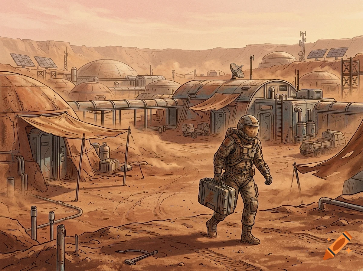 An astronaut in a spacesuit carrying a case walks across a dusty Martian landscape past futuristic dome structures and industrial buildings.