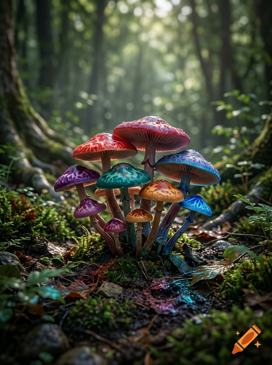 Photorealistic cluster of colorful psychedelic mushrooms glowing in a lush, misty forest.