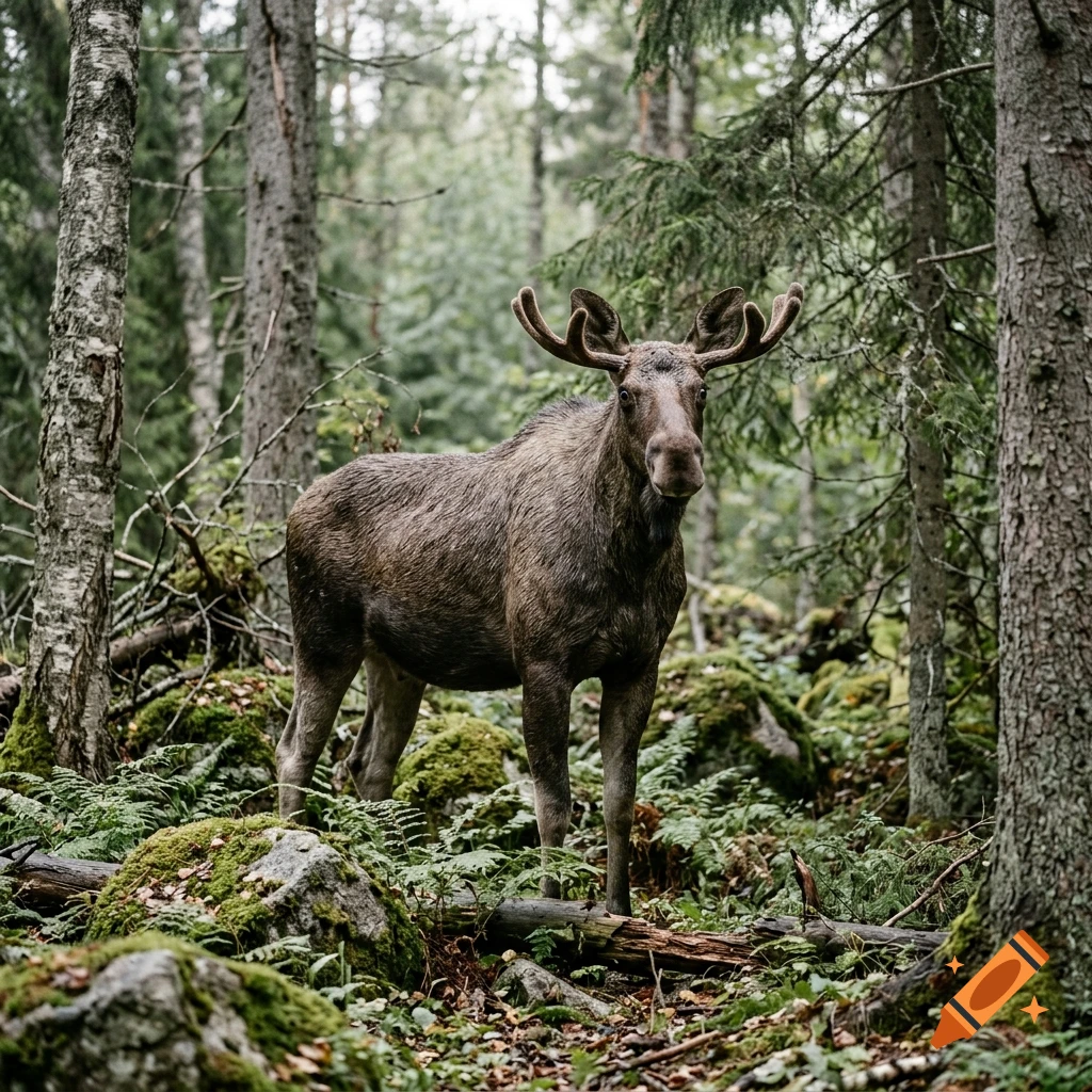 Photorealistic image of a large moose standing in a dense, mossy forest among tall trees.