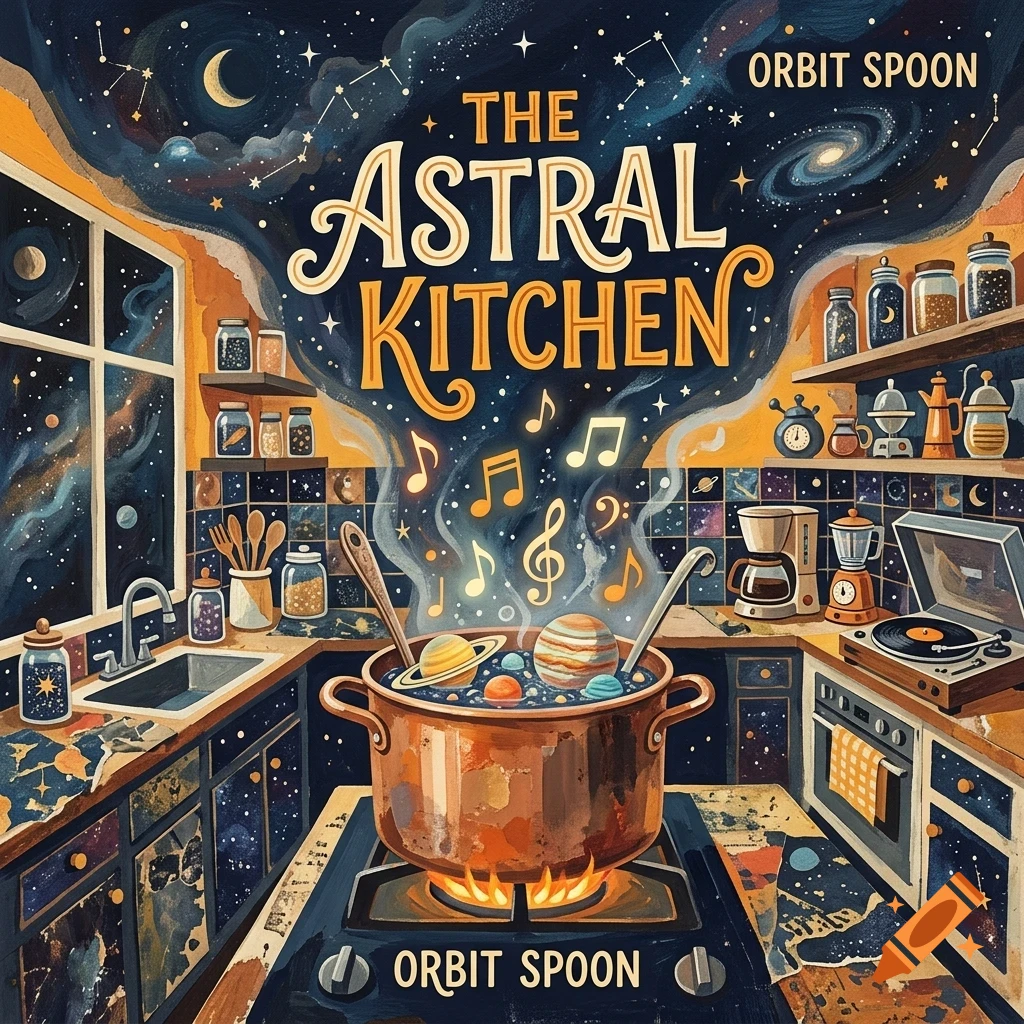 An illustrated kitchen scene with a pot on a stove cooking planets, surrounded by musical notes and a cosmic sky ceiling, with the text 'THE ASTRAL KITCHEN' and 'ORBIT SPOON'.