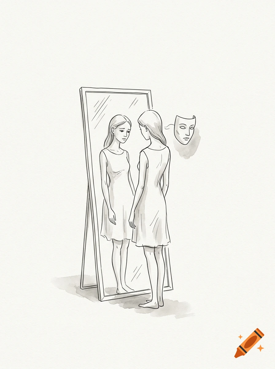 Minimalist ink drawing of a young woman looking sadly into a mirror, floating mask beside her head