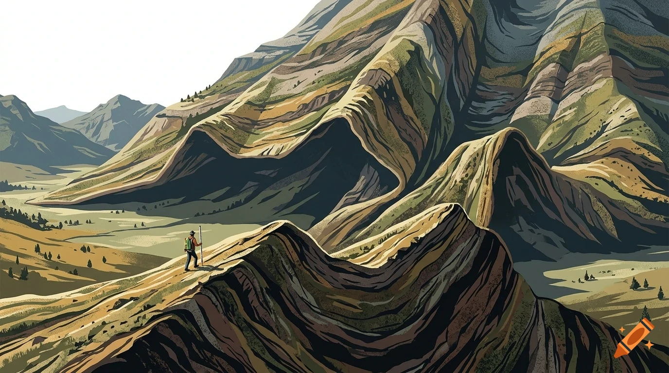 An illustrated view of a hiker walking along a ridge with layered, colorful mountain slopes in the background.