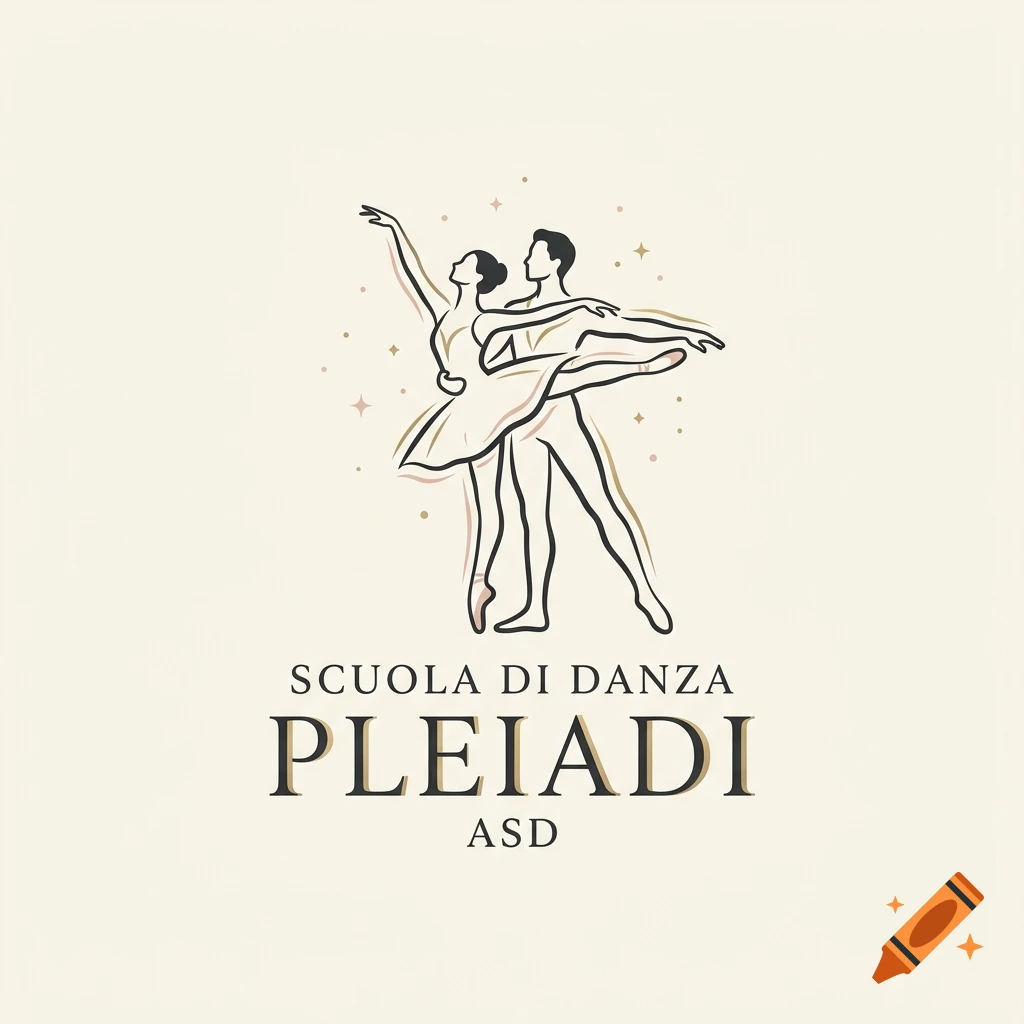 Minimalist logo for a ballet school featuring a line drawing of dancers and the text SCUOLA DI DANZA PLEIADI ASD.
