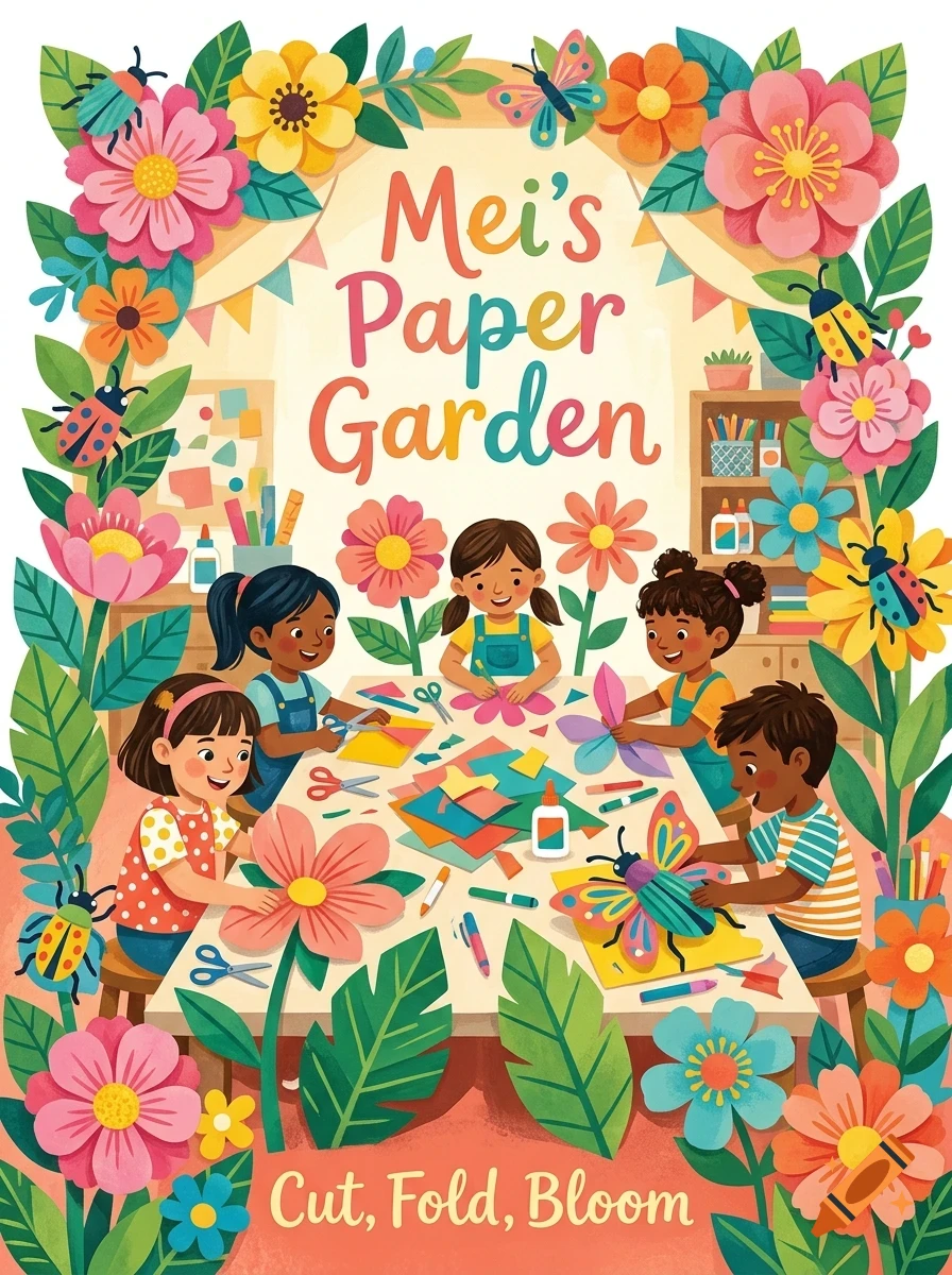 Five children crafting paper flowers and bugs around a table, framed by a border of colorful paper flowers and insects, with the text "Mei's Paper Garden" and "Cut, Fold, Bloom".