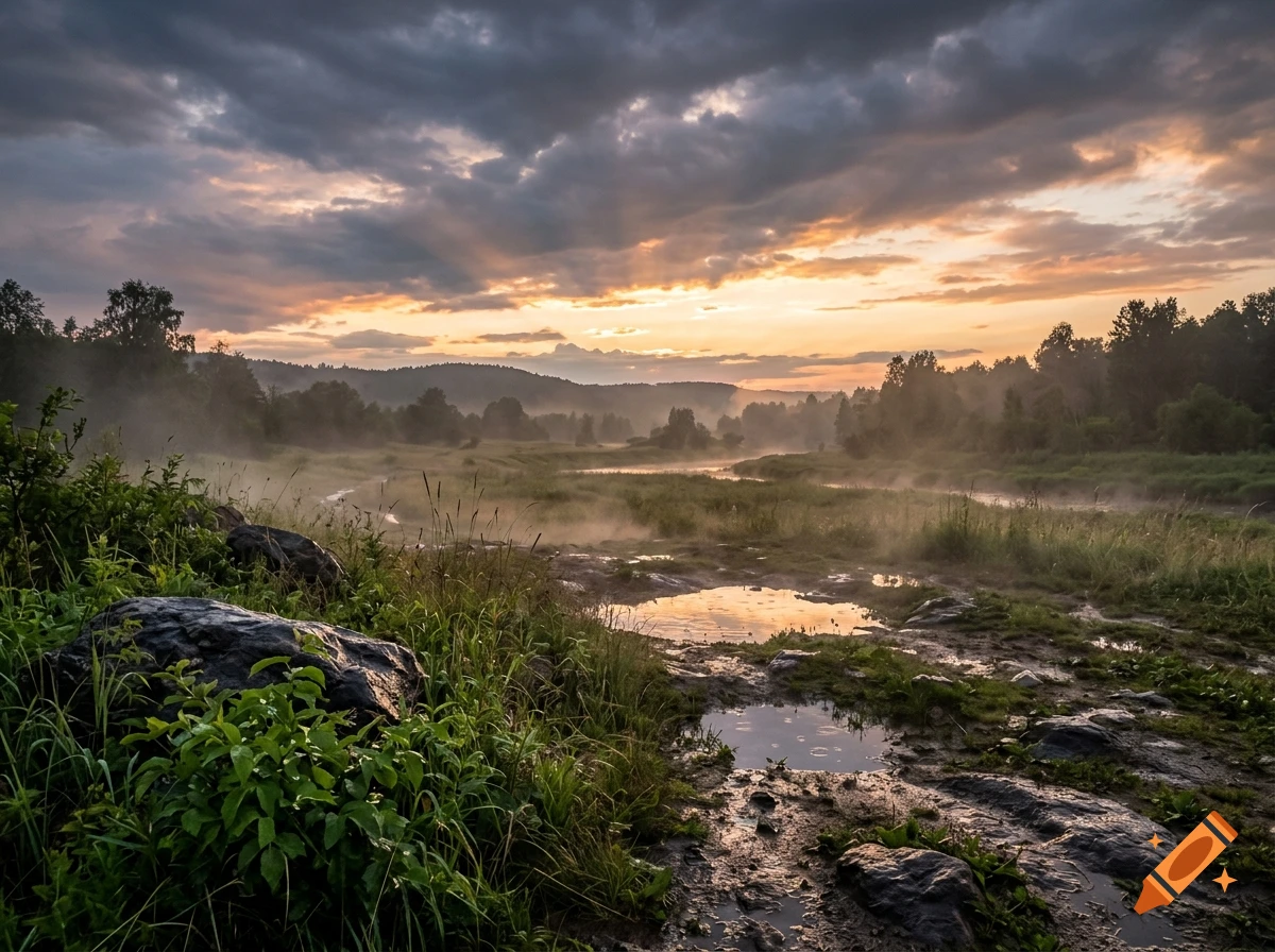 Photorealistic landscape of a river valley at sunset after a storm, with muddy ground and rocks in the foreground under a cloudy sky.