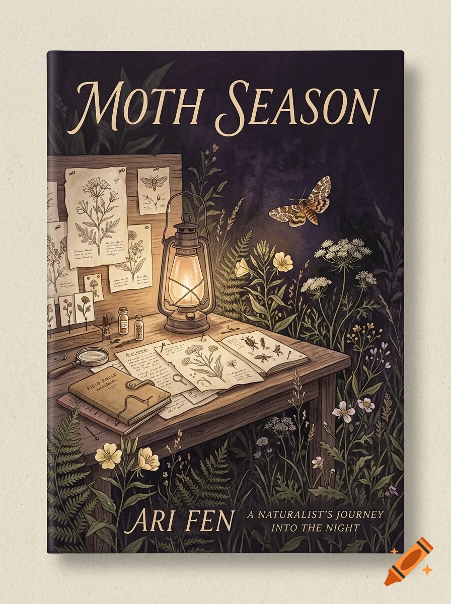 A book cover titled Moth Season by Ari Fen showing a wooden desk outdoors at night with a lit lantern, botanical notes, and a moth flying nearby.