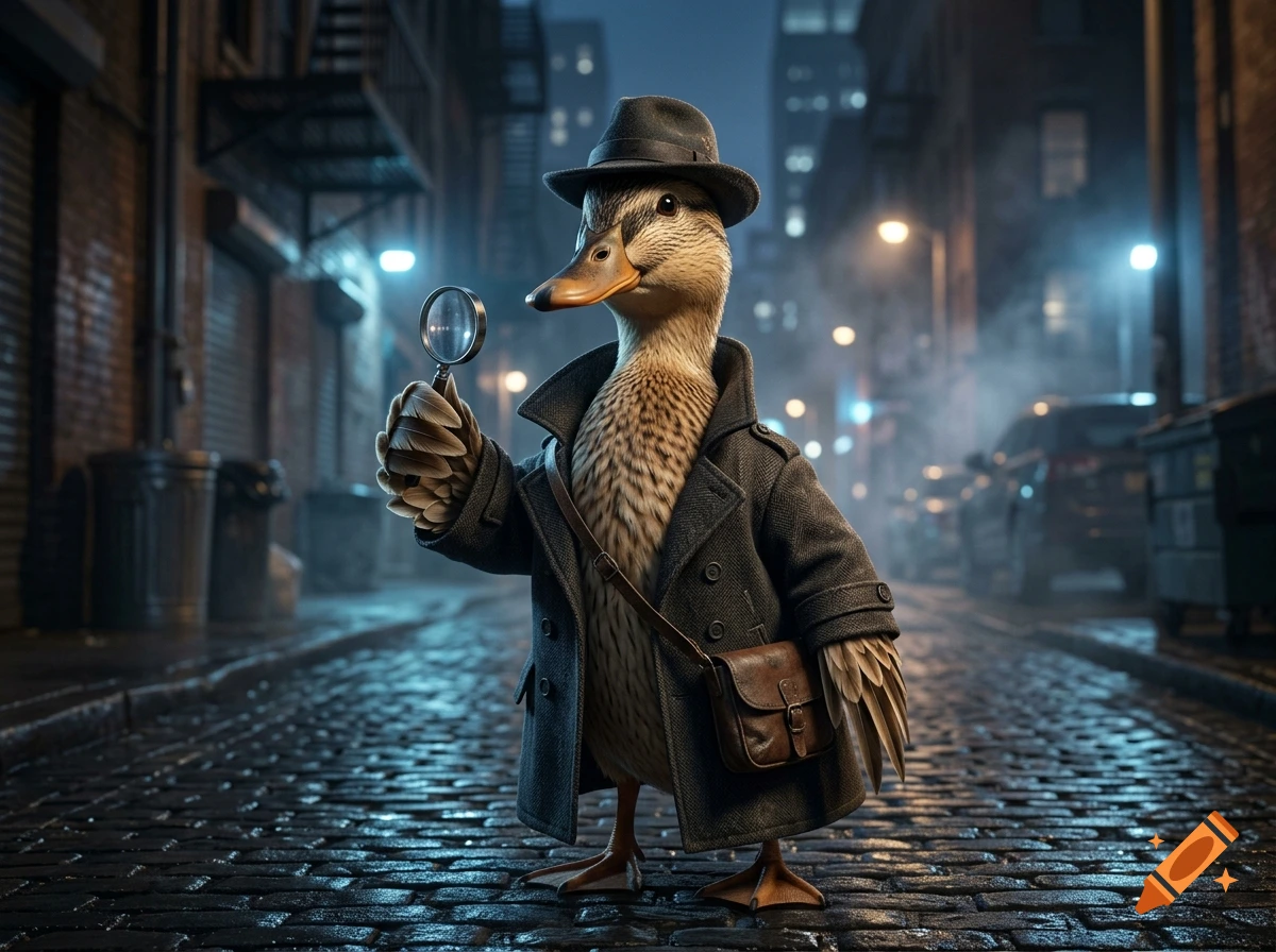 A photorealistic duck dressed as a detective in a trench coat and fedora, holding a magnifying glass in a dark rainy alleyway.