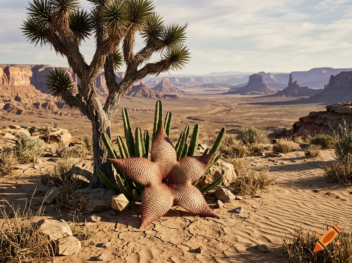 Photorealistic desert landscape featuring a large Stapelia gigantea flower and a Joshua tree against a canyon background.