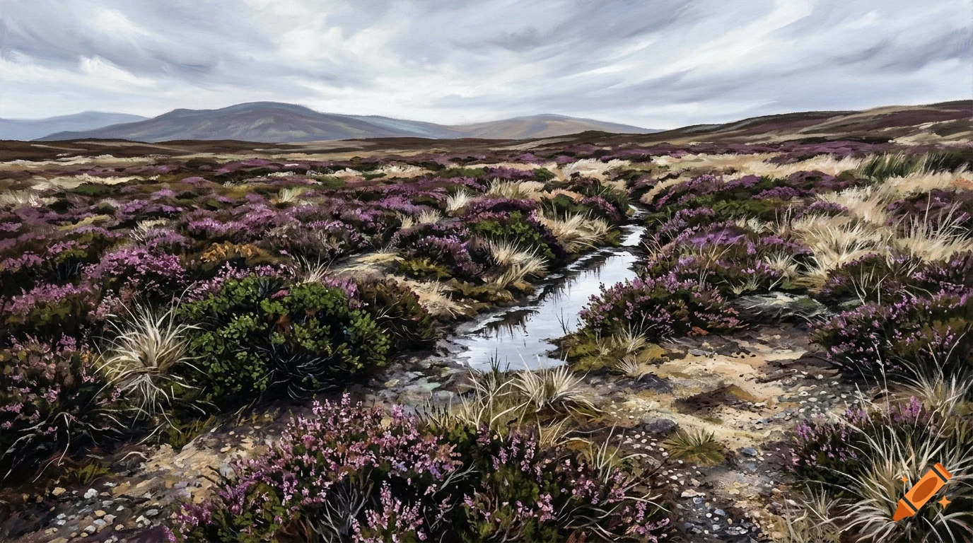An oil painting of a moorland landscape featuring purple heather, dry grasses, a small meandering stream, and distant rolling hills under a cloudy sky.