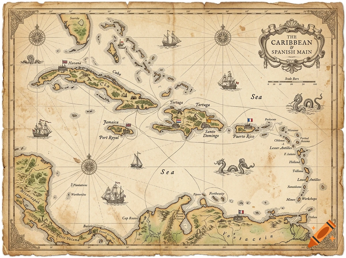 Vintage 18th-century style map of the Caribbean and Spanish Main on aged parchment with islands, ships, and sea monsters.
