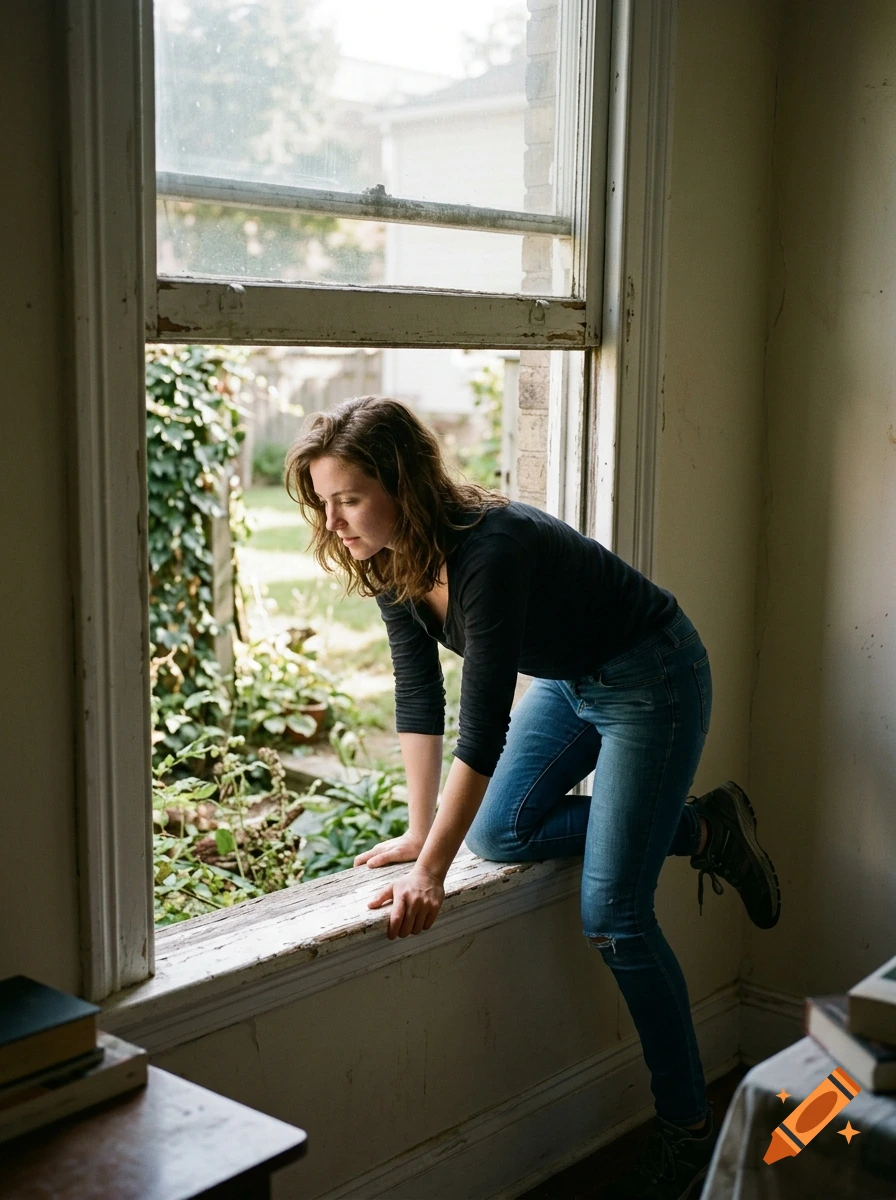 Photorealistic image of a young woman climbing through an open window into a room.