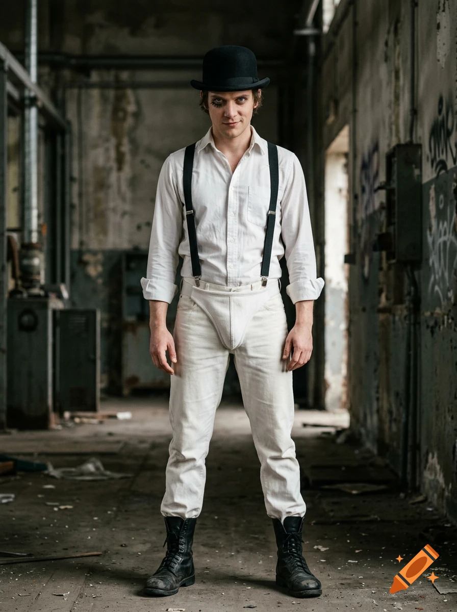 A photorealistic portrait of Alex from A Clockwork Orange standing in a derelict industrial building, wearing a bowler hat, white shirt, suspenders, and boots.
