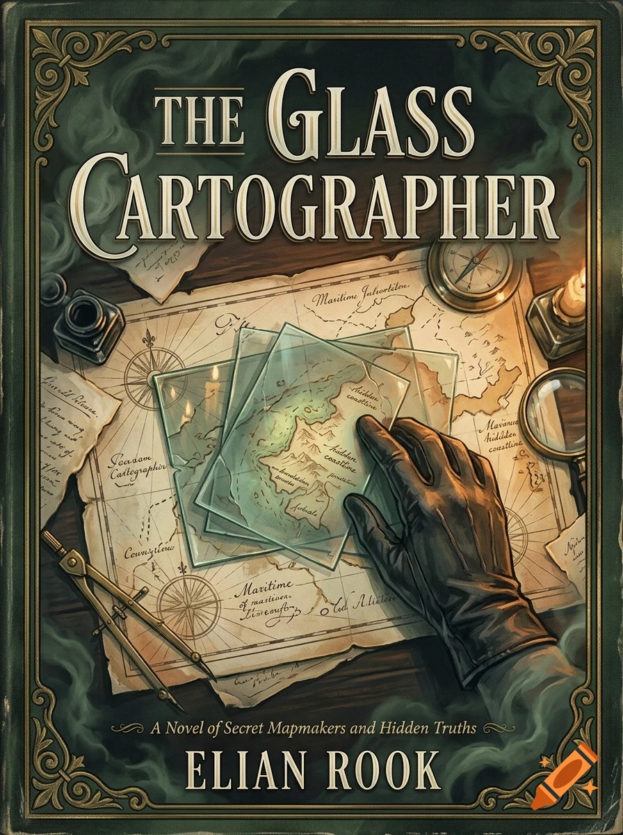 An illustration of a gloved hand placing a glass map over a larger parchment map, surrounded by drafting tools, an inkwell, and a compass.