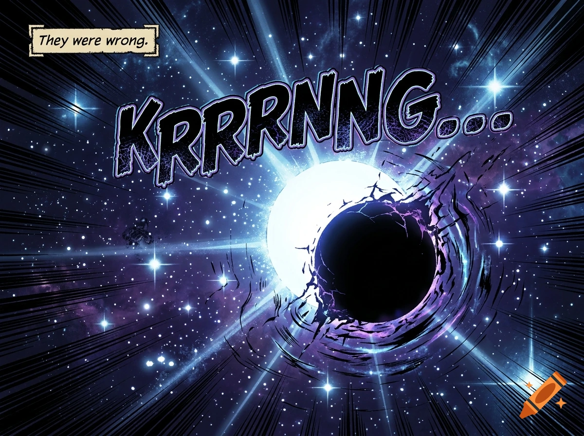 Comic book panel depicting a star turning black in space with sound effect text KRRRNNNG and narration They were wrong.