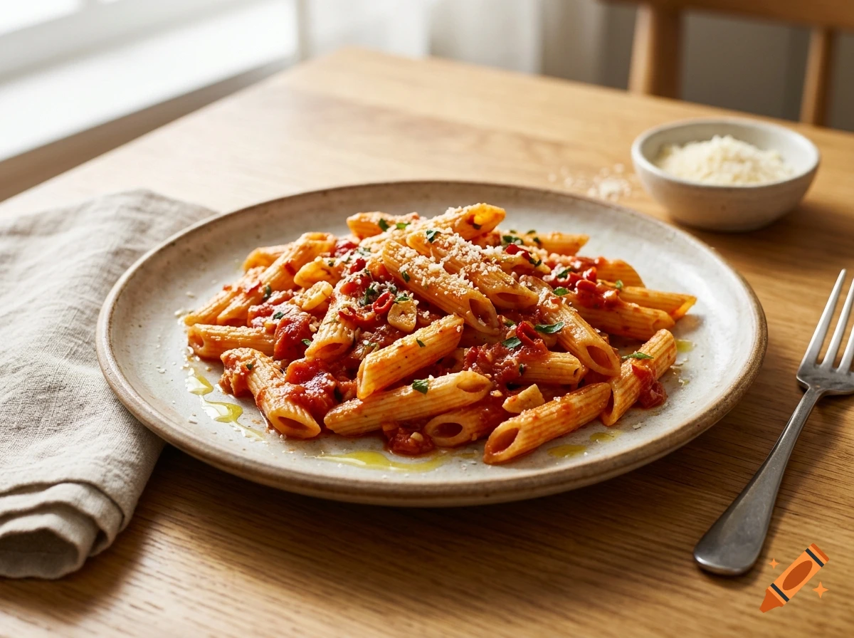 Photorealistic image of a plate of penne pasta with tomato sauce, chili, and grated cheese on a wooden table.
