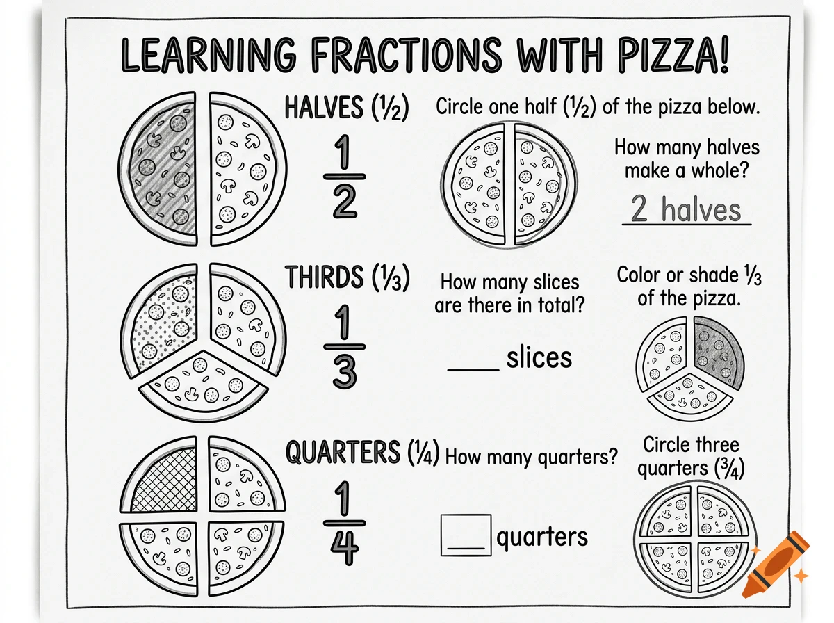 An educational worksheet titled LEARNING FRACTIONS WITH PIZZA! explaining halves, thirds, and quarters using pizza graphics.