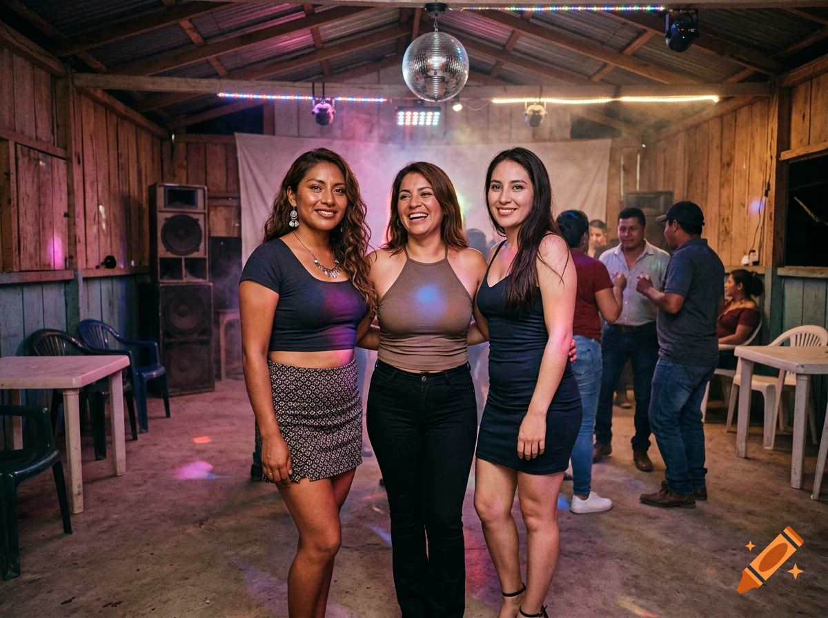 Photorealistic image of three young women posing together at a village party with a disco ball hanging from the ceiling.