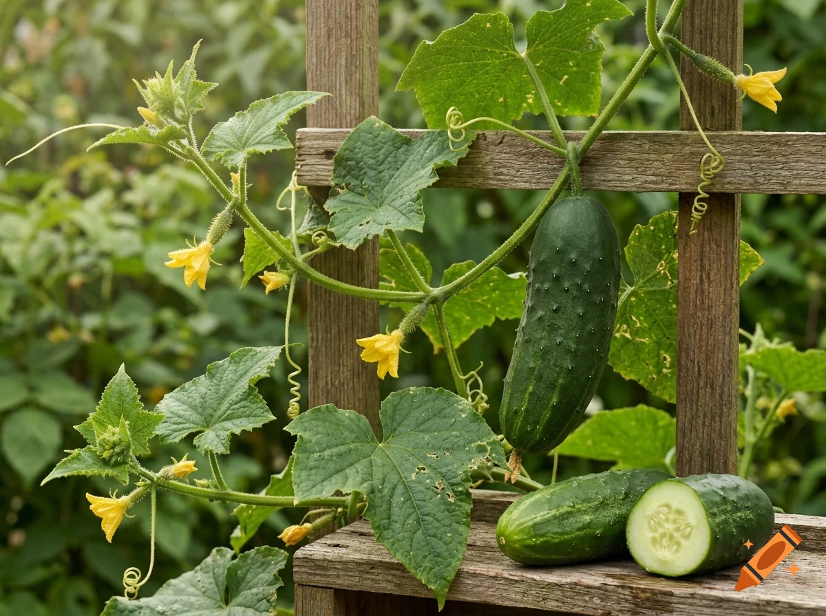 A cucumber plant with yellow flowers climbing a wooden trellis, with harvested cucumbers on a wooden shelf below.