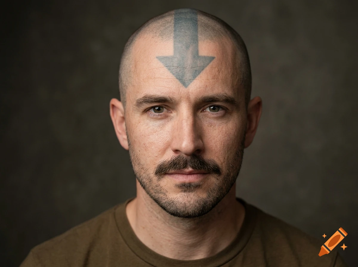 Photorealistic close-up portrait of a bald man with a mustache and a blue arrow tattoo on his forehead.