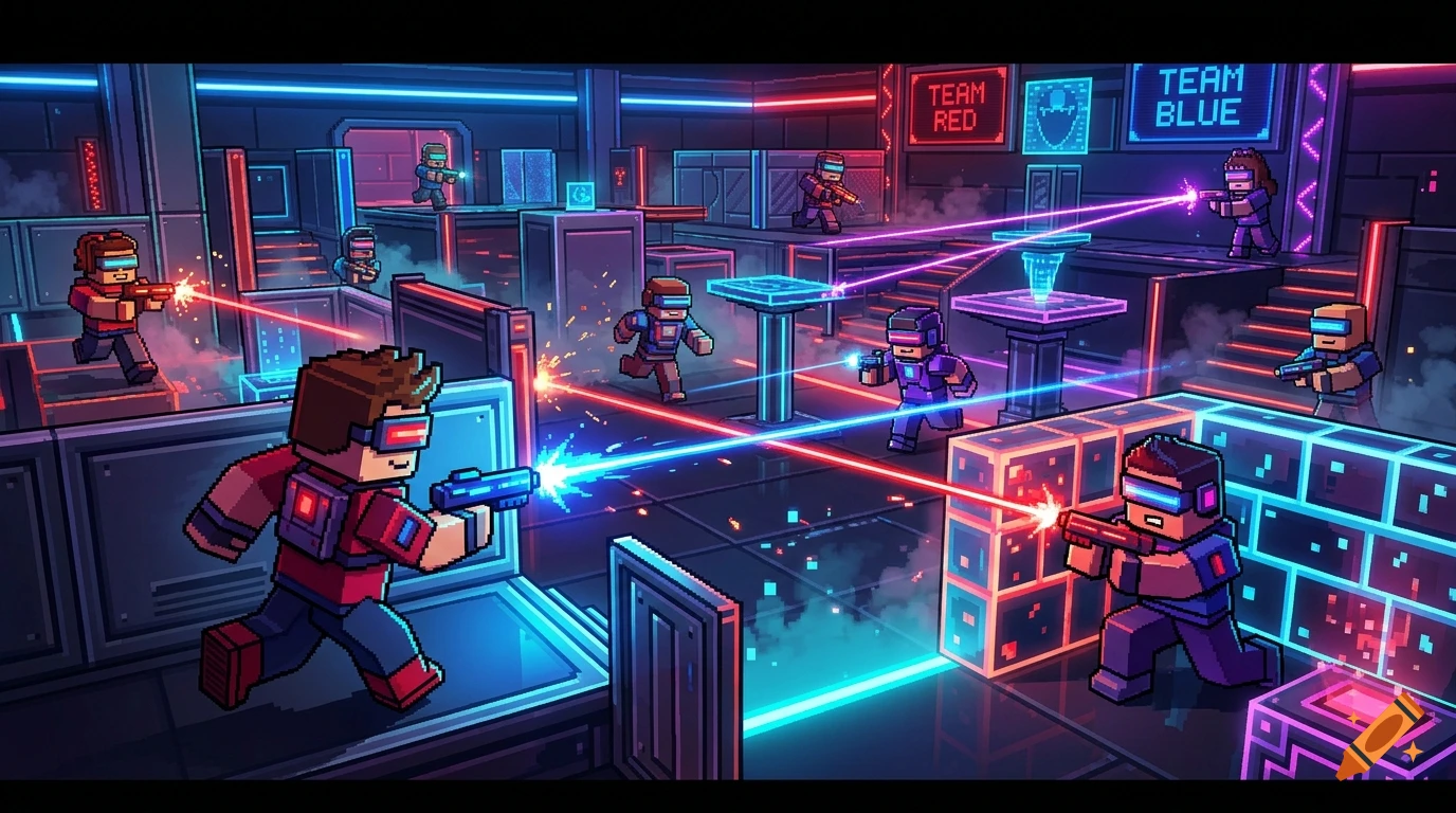 Pixel art style digital illustration of Roblox characters playing laser tag in a neon-lit futuristic arena.