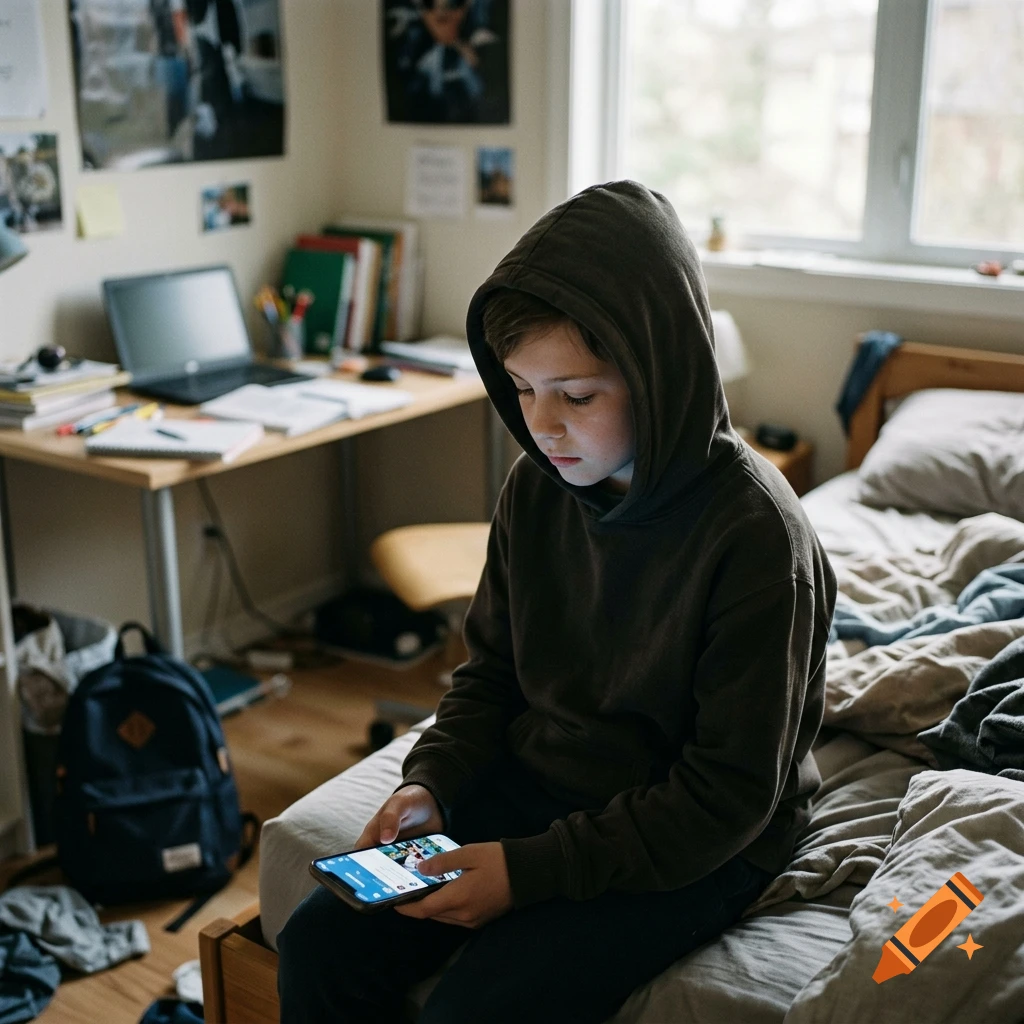 A young child in a dark hoodie sits on a bed, looking down at a smartphone in a bedroom.