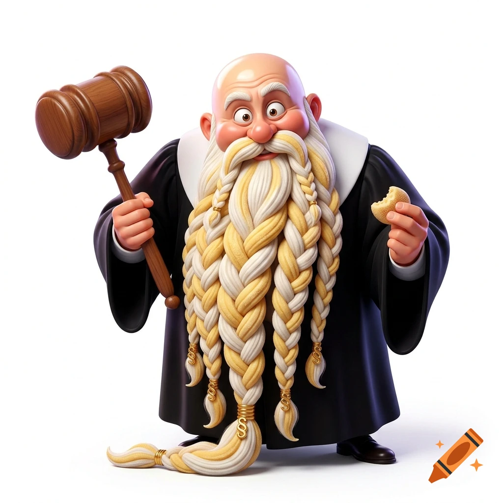 A 3D cartoon judge with a massive braided white and marzipan-yellow beard holding a gavel and a pastry, Pixar style.