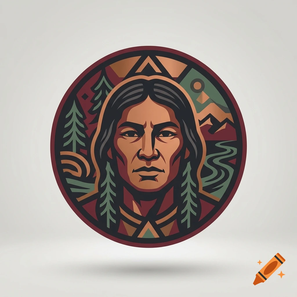 Stylized circular logo featuring the portrait of a Native American person with long braided hair, surrounded by pine trees, mountains, and a river.