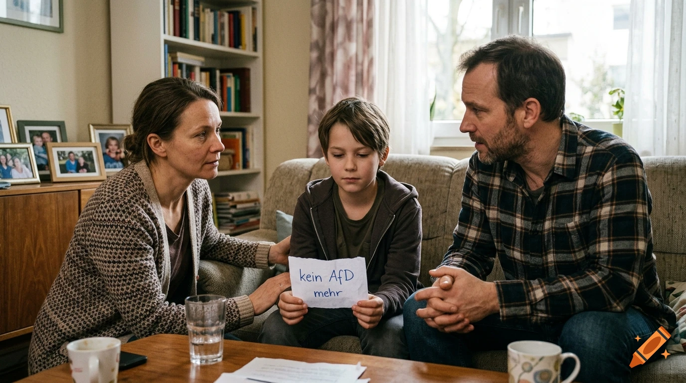 A mother, son, and father sitting on a sofa in a living room, with the boy holding a handwritten note that reads 'kein afd mehr'.