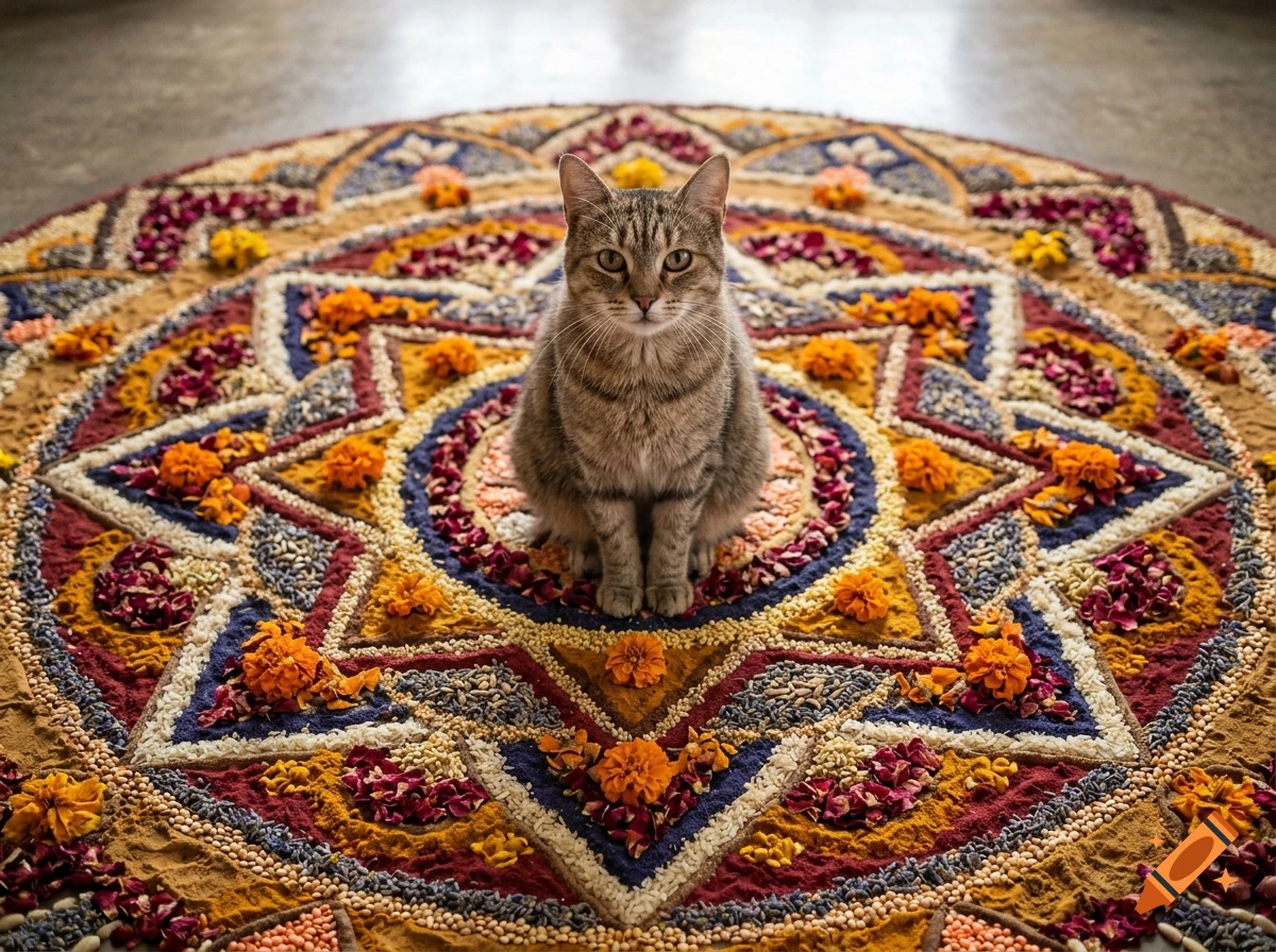 A tabby cat sitting in the center of an intricate mandala made of flower petals and spices on the floor.