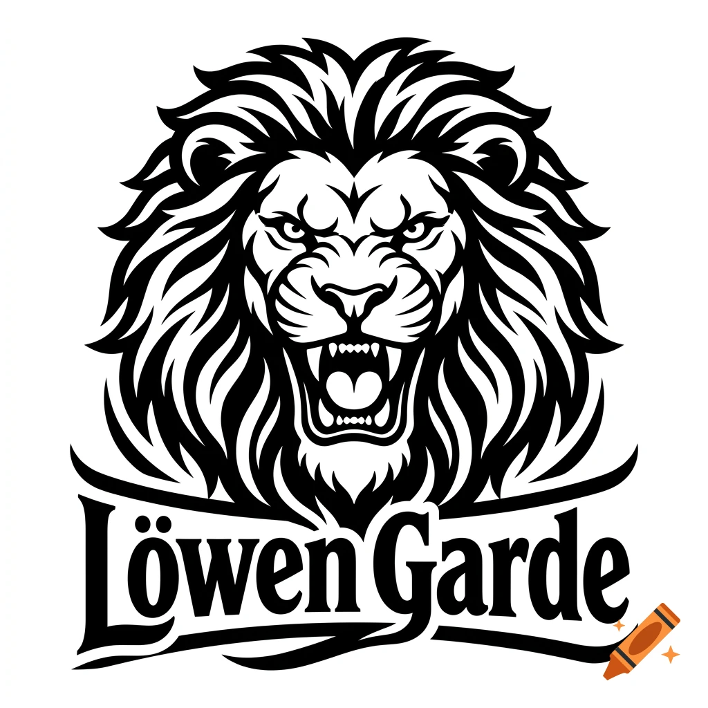 Black and white vector illustration of a roaring lion's head with text reading 'LöwenGarde' underneath.