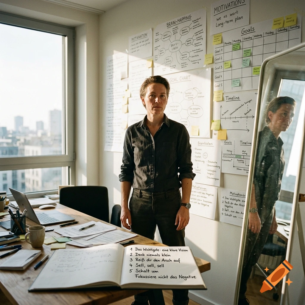 A person standing in a bright office with goal charts on the wall, looking at a mirror.