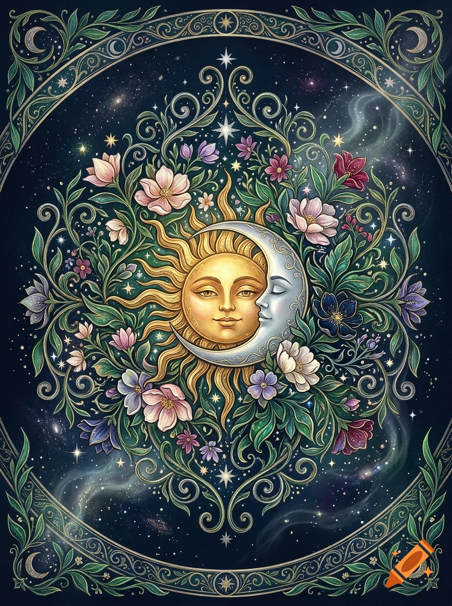 Intricate illustration of a sun and moon intertwined with flowers, vines, and stars, set against a dark celestial background.