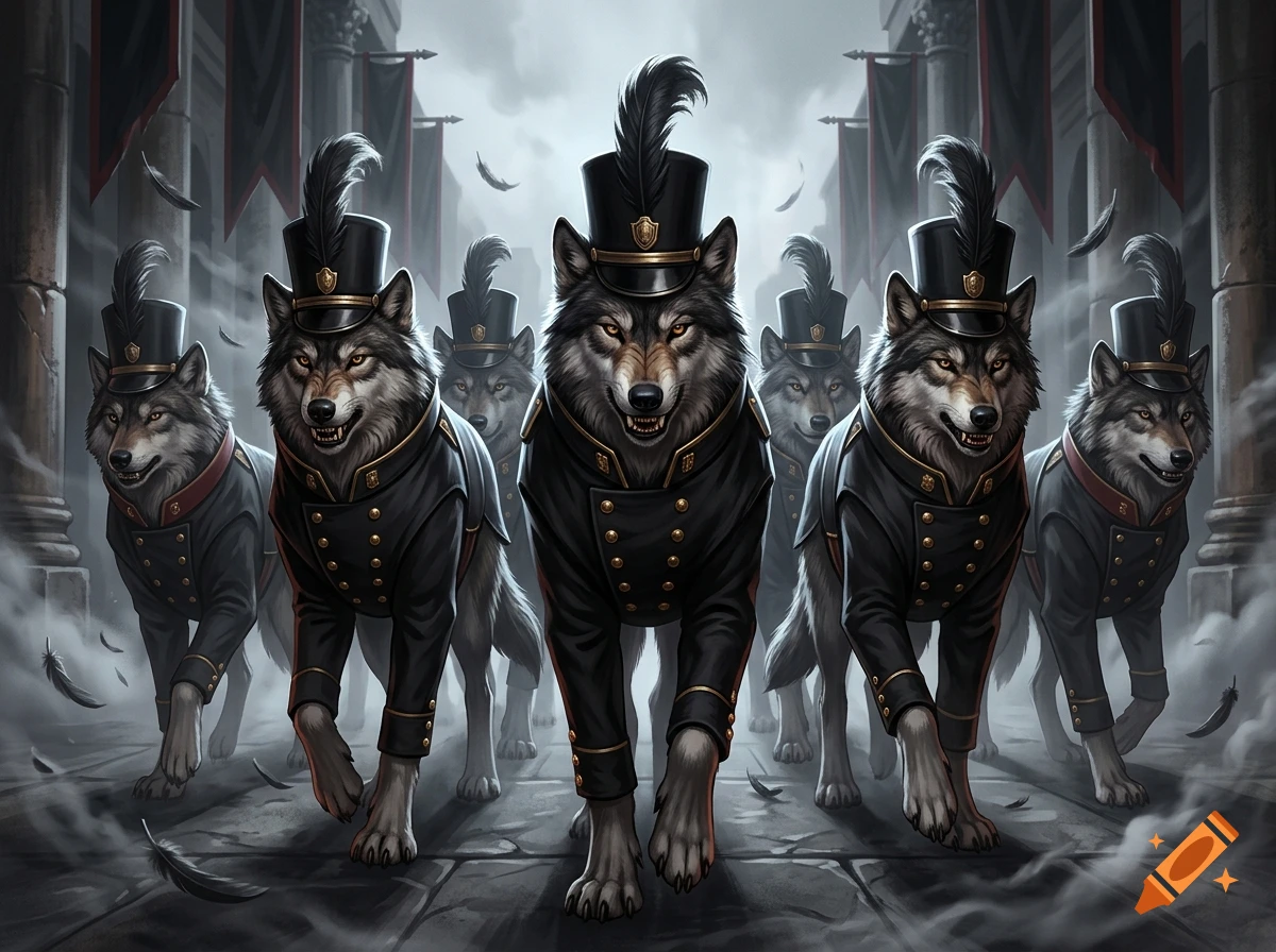 A pack of stylized wolves in black parade uniforms and plumed hats marching forward in a corridor.