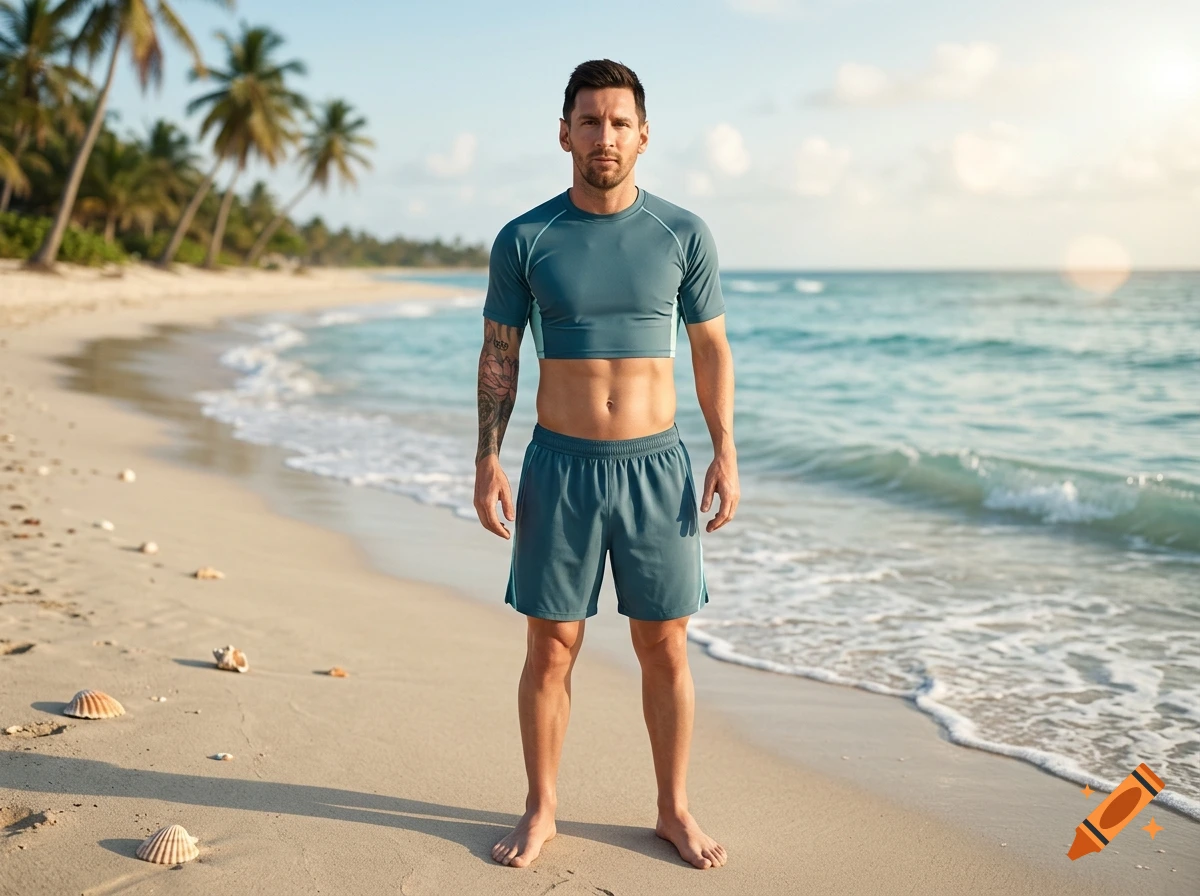 Photorealistic image of a man standing on a sandy tropical beach with turquoise water and palm trees.