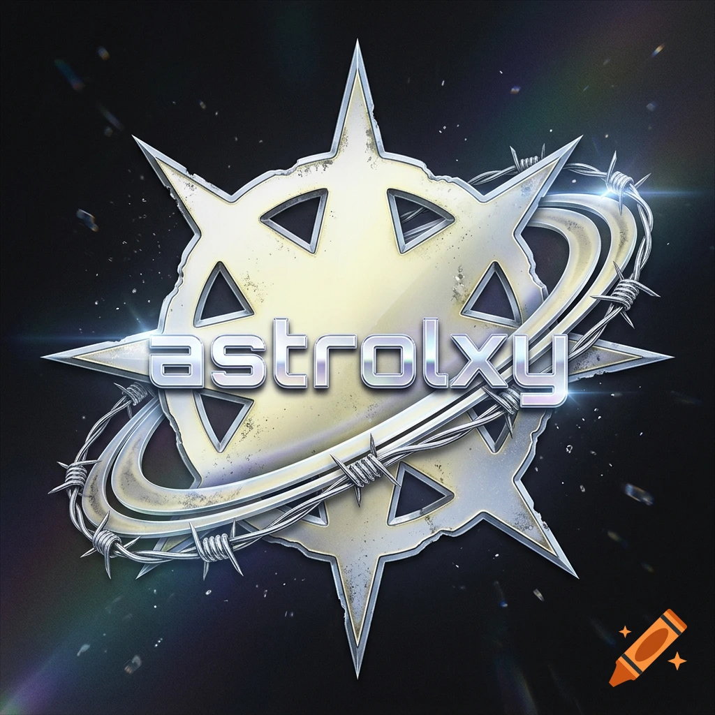 Y2K style yellowish-silver star logo with a tilted Saturn-like ring wrapped in barbed wire and the text astrolxy.