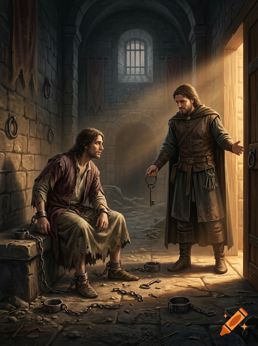 A man in medieval prison shackles receiving his freedom keys from another man in a stone dungeon.