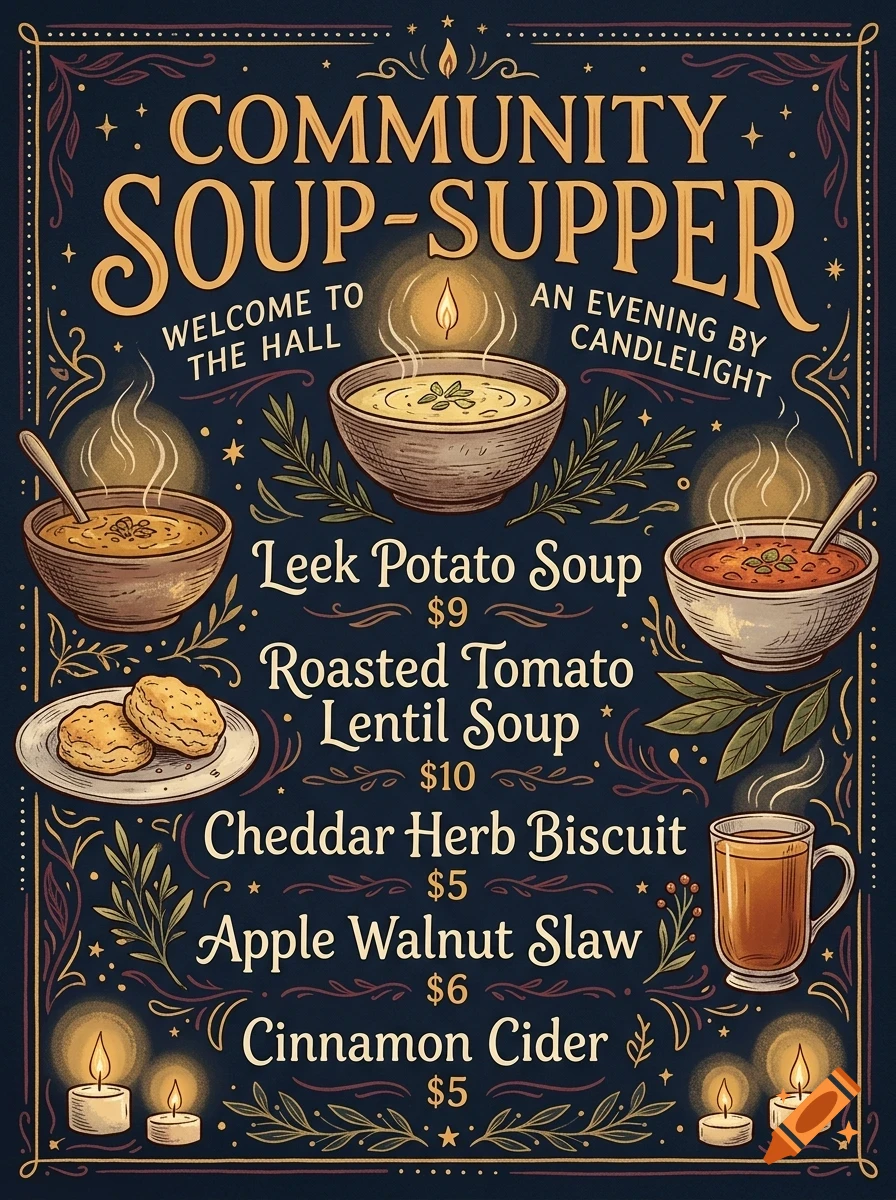 An illustrated poster for a community soup supper featuring bowls of soup, biscuits, a mug of cider, and candles, with decorative borders and typography.