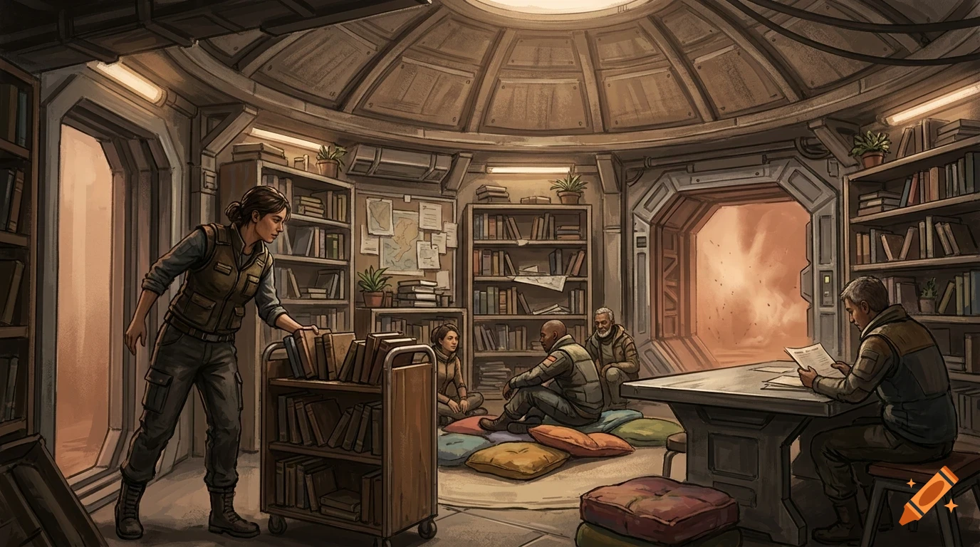 An illustrated interior of a futuristic dome-shaped library with several people reading, working, and organizing books.